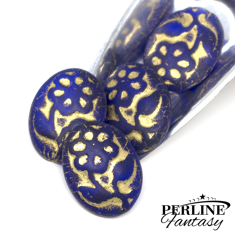 Oval Flower Blue Gold Matte 21 x 16 Mm